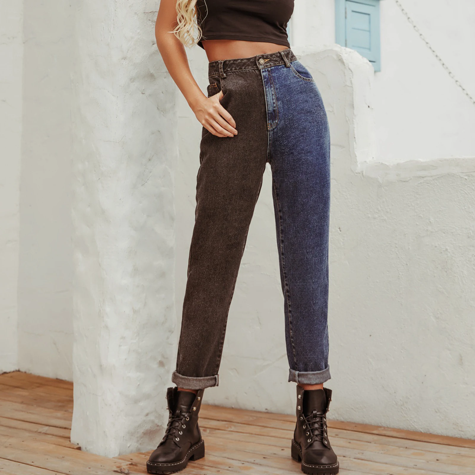 Taille haute Colorblo Denim décontracté Vintage jambe droite pantalon femmes rue Sle été Faion pantalons longs