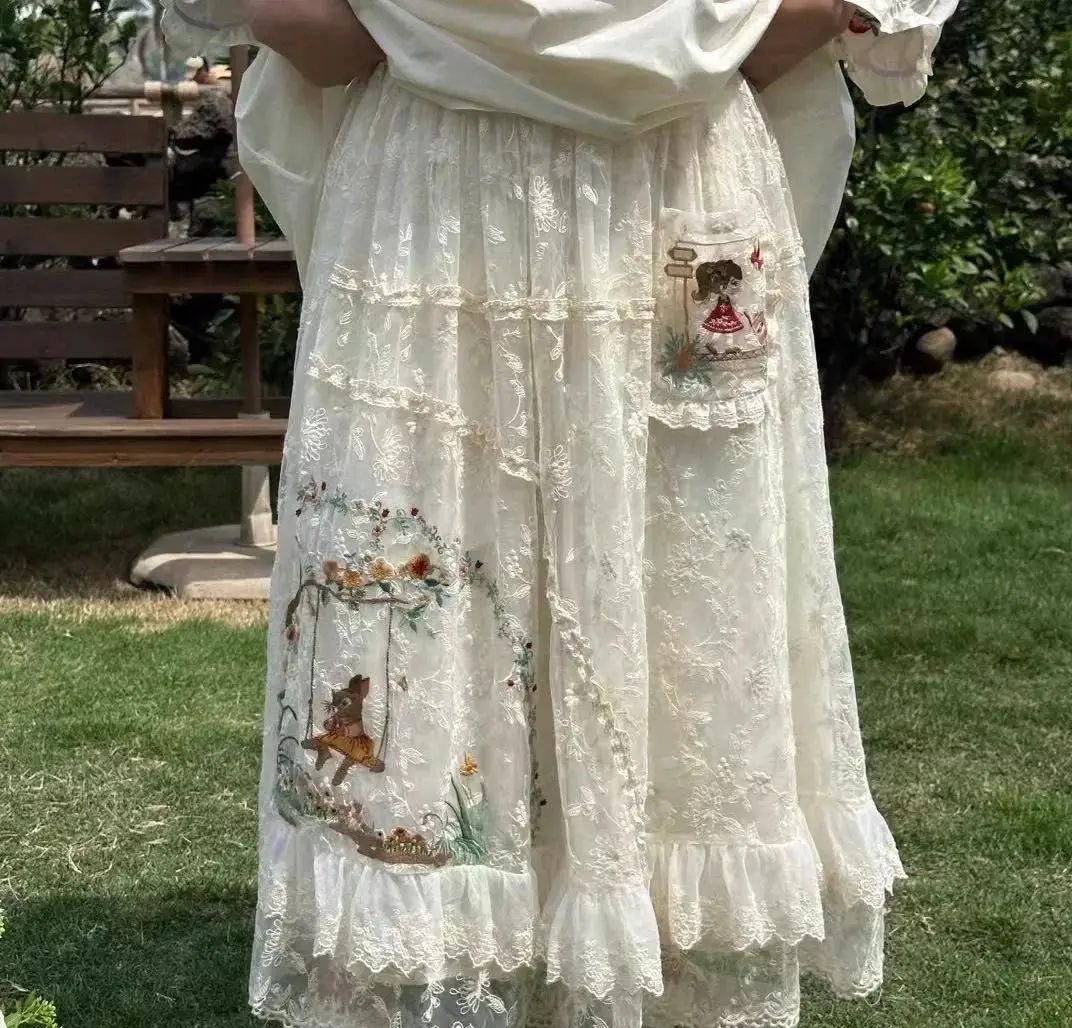 

Милая одежда в стиле Лолиты, осенние каваи, кружевные лоскутные длинные юбки с вышивкой из мультфильма для женщин, милая одежда