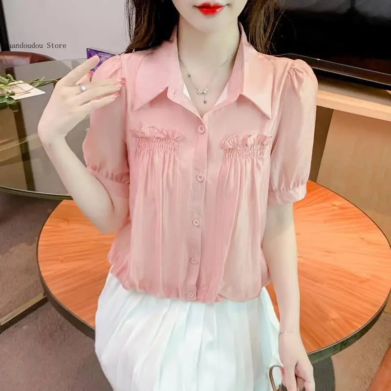 Short Sleeved Shirt for Women To Look Slimmer In Summer Covering Their Belly with A Stylish and Age Reducing Design Niche Shirt