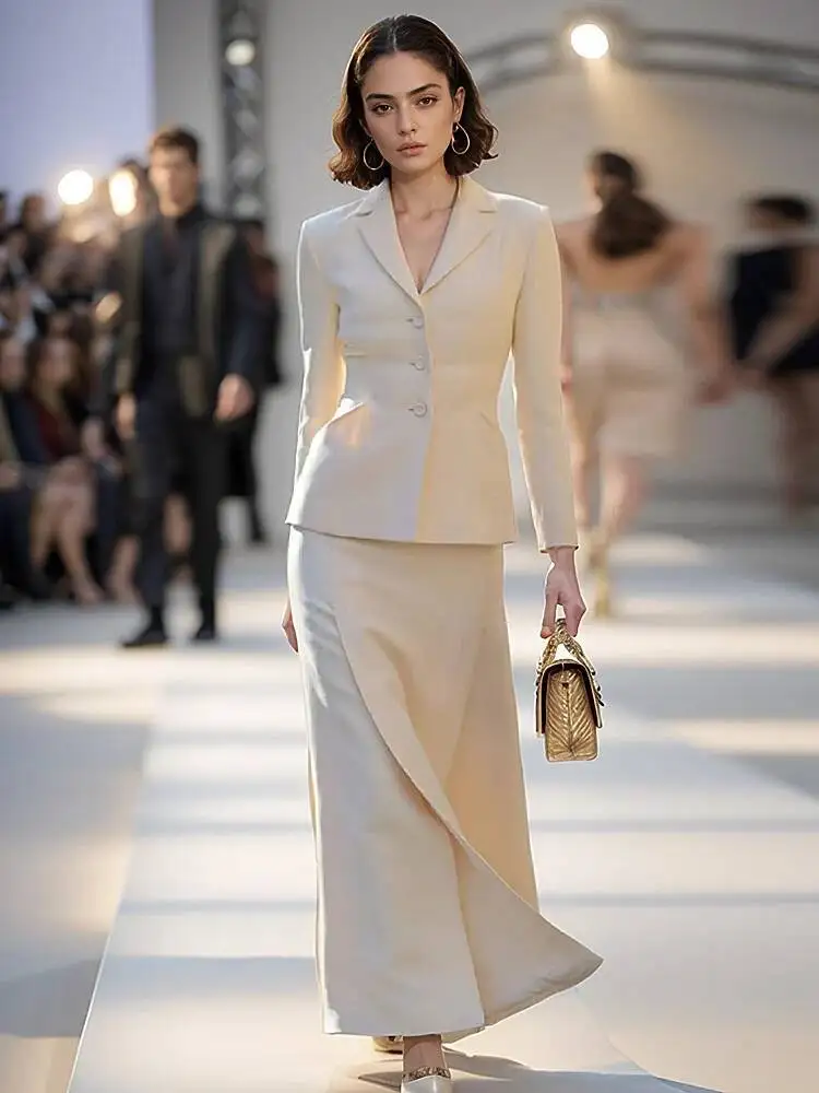 

Two Piece Set Runway Spring Autumn Fashion High Quality Milky White Button Lapel Top Slim Half Skirt Party Office Women's Sets