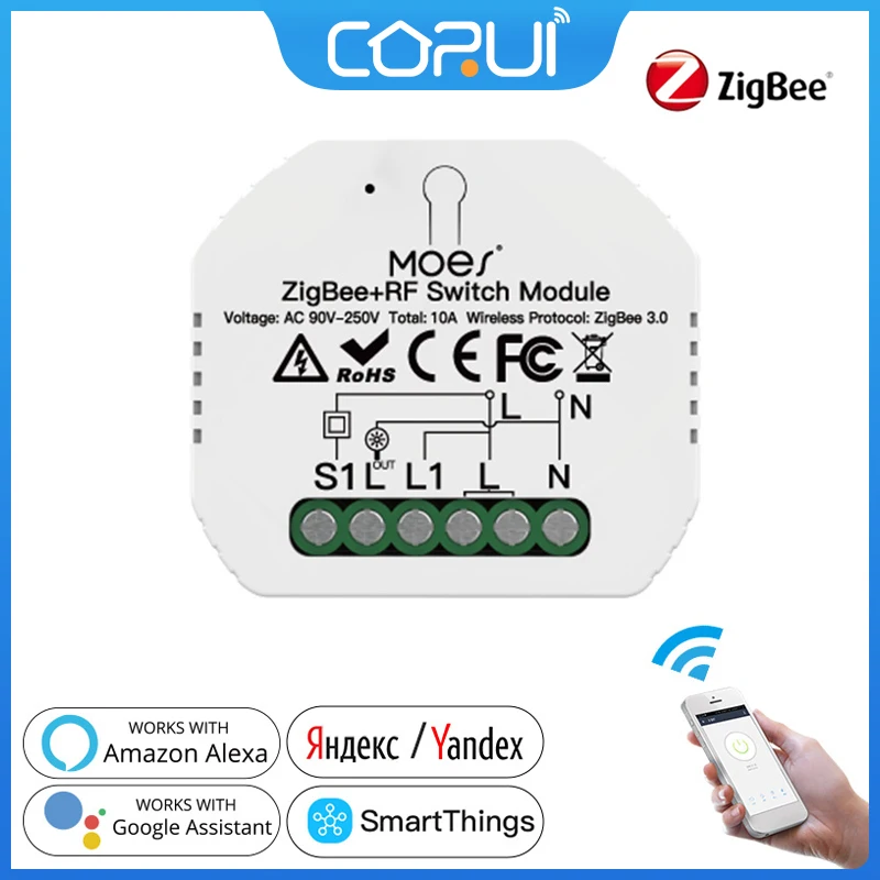 CoRui 10A Zigbee+RF Switch Light Switch Relay Module Built With Reset Button APP Remote Control Work With Alexa Google Home