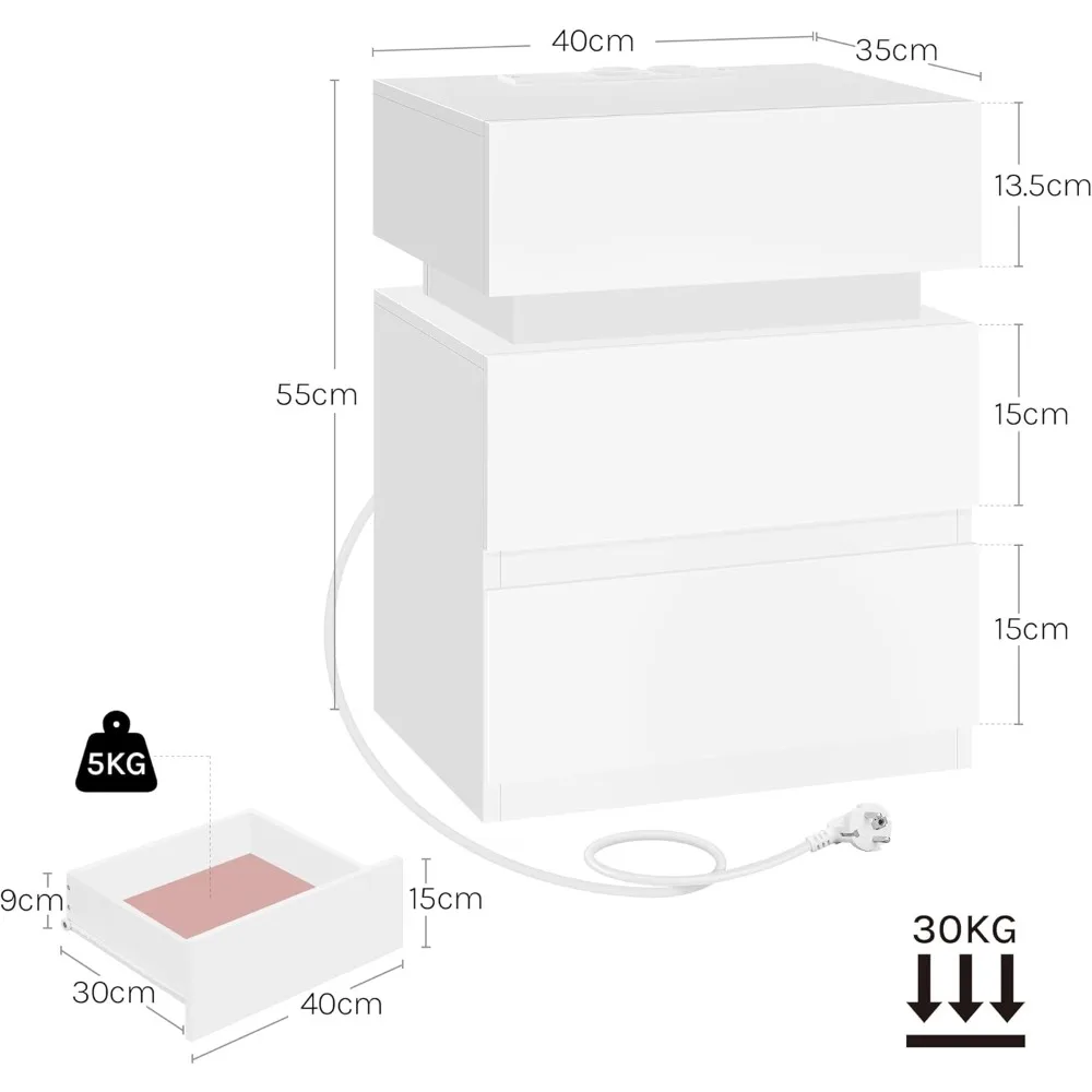 2X Mesitas Noche con Estacional Carga، Mesitas Auxiliares con Luz LED، 2 Cajones، 2 Puertos y 2 Enchufes، Mesilla para Dormitorio #3