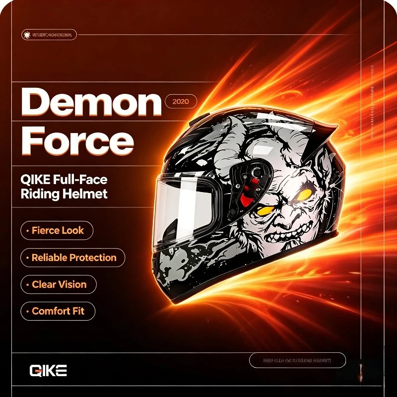 QIKE Demon King Cool Gothic Full Face Helmet, Built-in Bluetooth DOT Safety Motorcycle Helmet