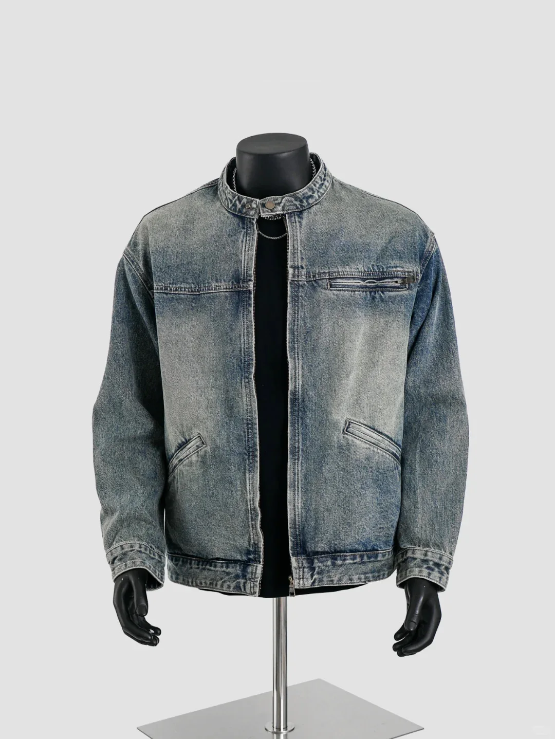 

Джинсовая куртка в американском стиле ретро, весна-осень, свободная рабочая одежда, повседневное верхнее пальто с высоким воротником на молнии, однотонная молодежная мода