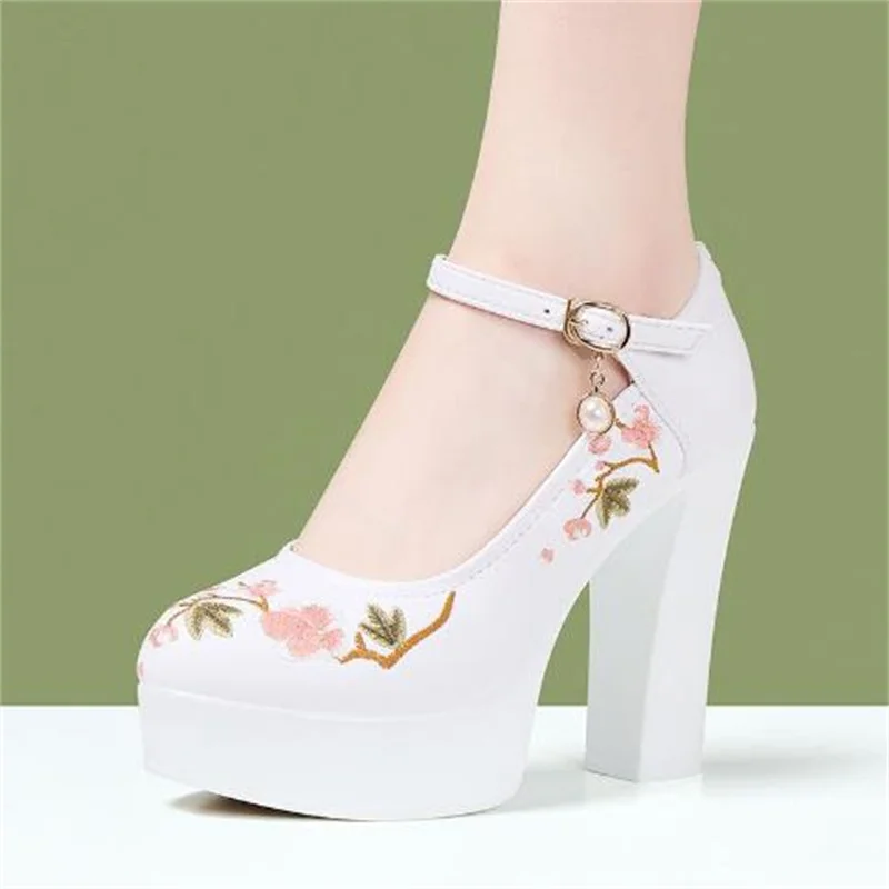 6cm 9cm 12cm Chinese style thick heel thick sole ethnic style embroidery shoes High heel soft cowhide party ball shoes 34 41