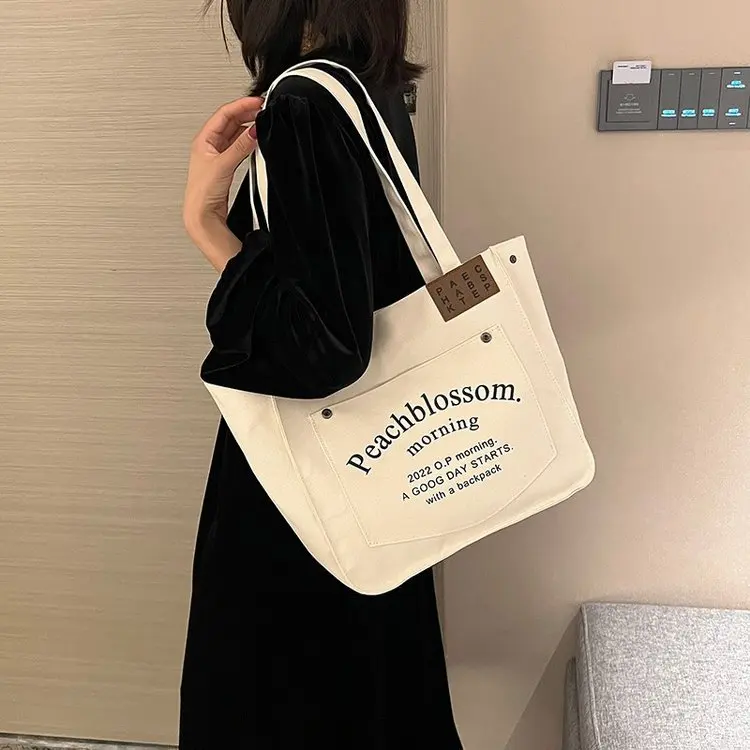 Women Canvas Tote Bag Solid Color Designer Ladies Casual Handbag Shoulder Bag Large Capacity Cotton Reusable Shopping Beach Bag