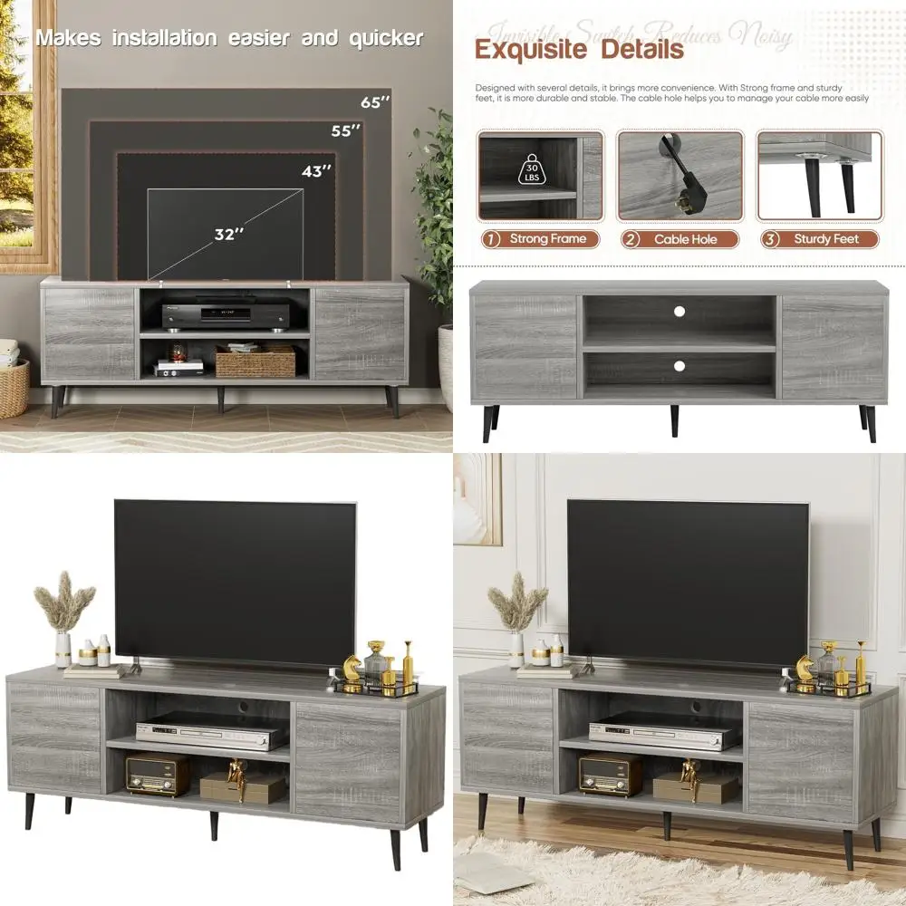 

ТВ-центр для развлечений 65 дюймов с 2 шкафами, в ретро-стиле, светло-серый, для гостиной, спальни, офиса