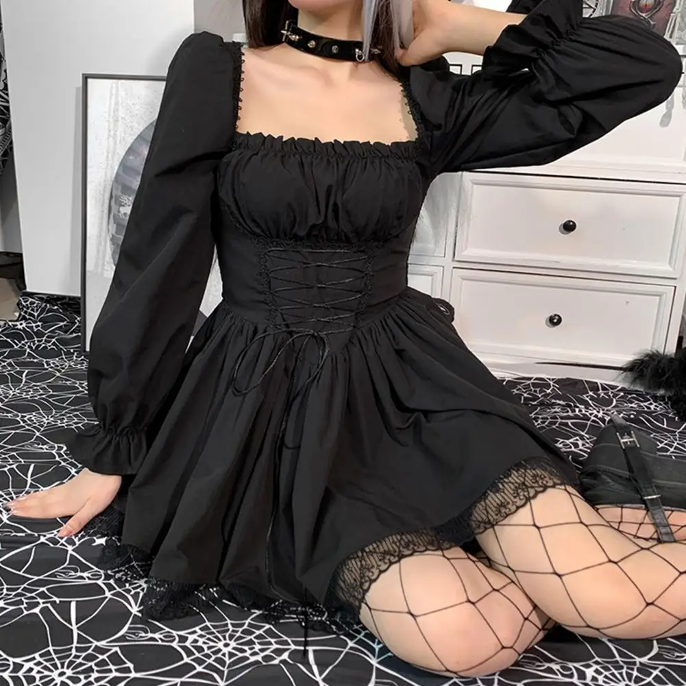 

Women A-line Dress Lolita Style Princess Dress with Pleated Shirring Puff Sleeves A-line Lace Mini Dress for Women Solid Color