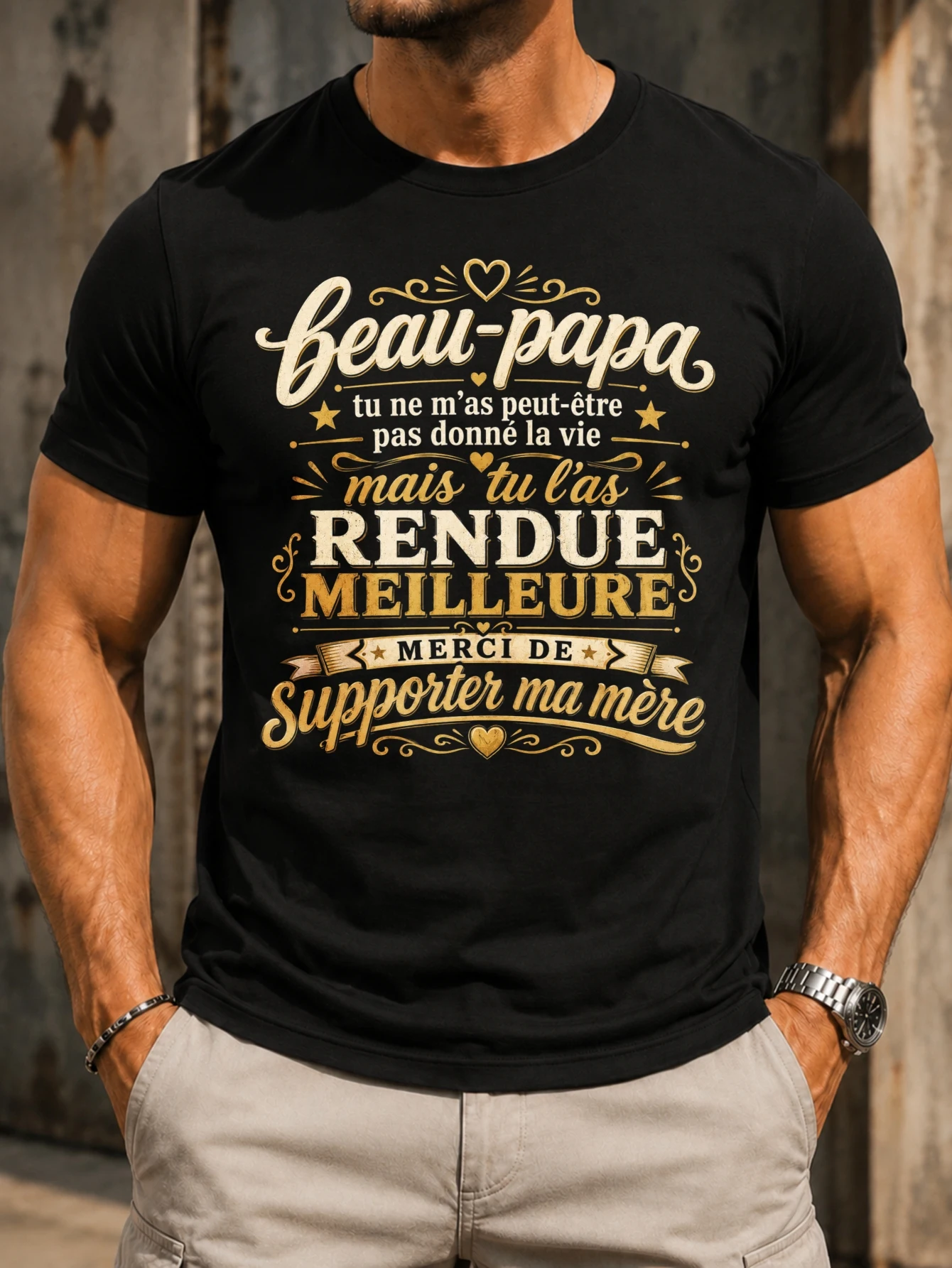 Футболка унисекс BeauPapa Merci De Supporter Ma Mere с изысканным золотистым кремовым шрифтом и каллиграфическими буквами, с надписью от отчима.