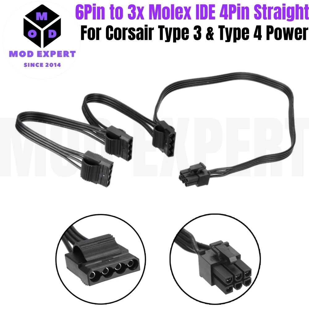 6Pin to 3 Molex IDE 4Pin Perif PATA Power Cable for Corsair RM1000, RM850, RM750, RM650, RM550, RM450 Modular Powers, 50+15+15CM