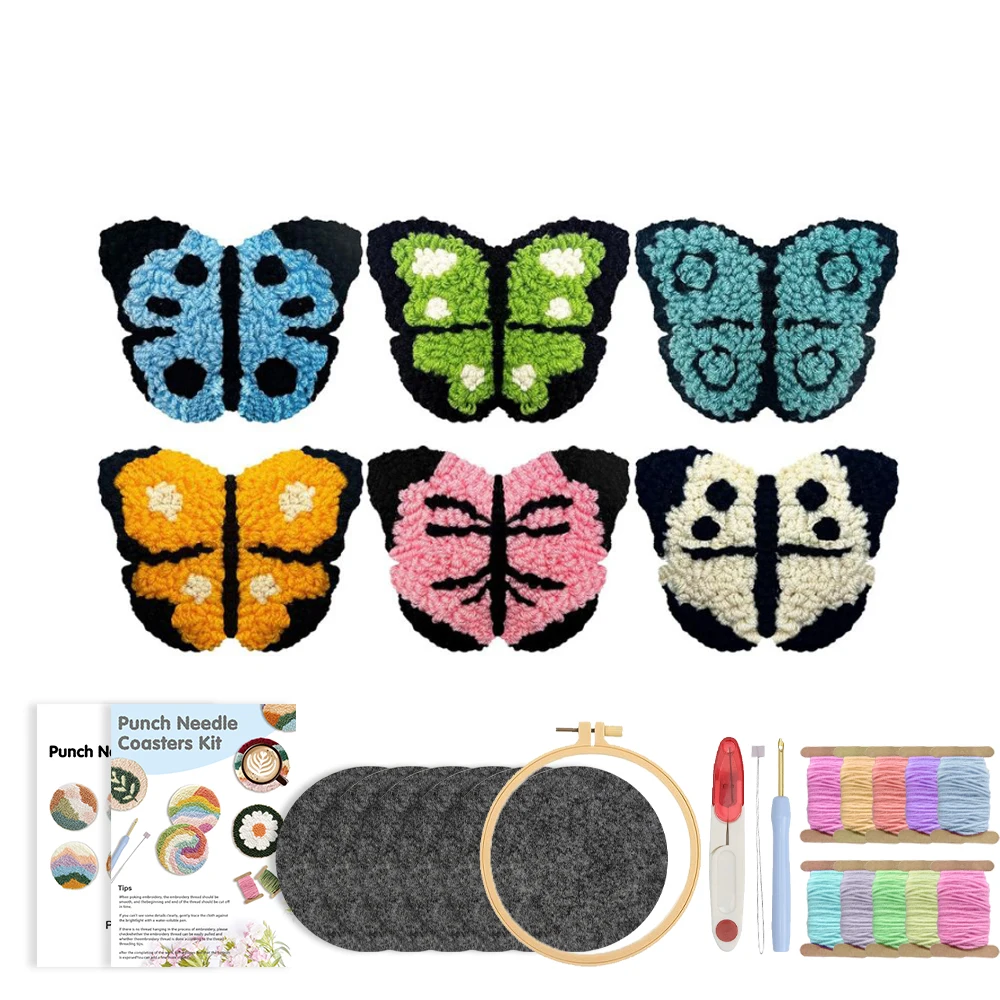 

6PCS DIY Butterfly Pattern Punch Needle Embroidery Coaster Suitable For Beginners Handmade Embroidery Set Room Decoration Gift