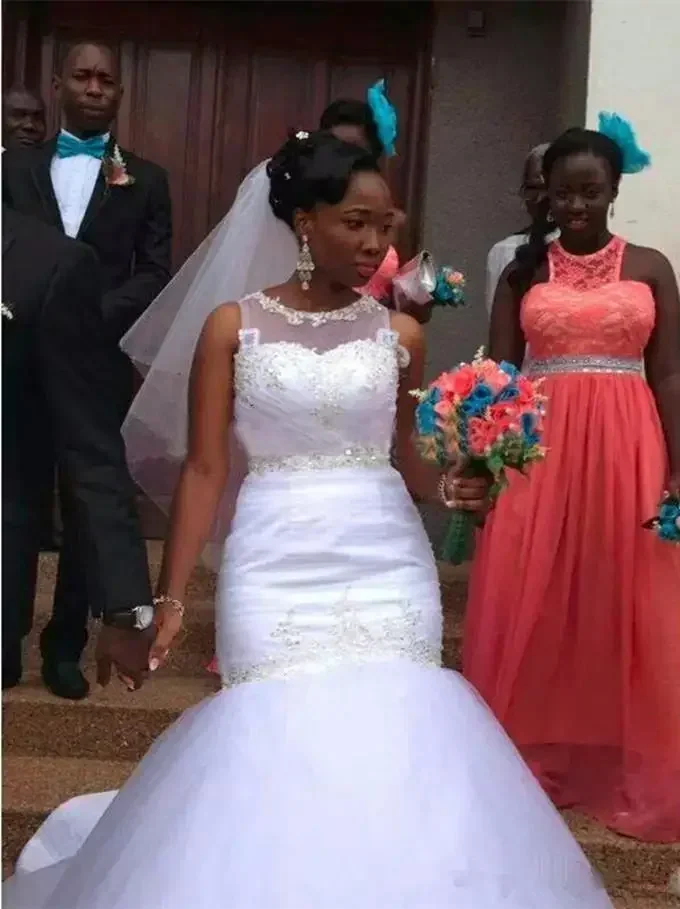 Impresionantes vestidos De novia De sirena personalizados, botones De cristal en la espalda, apliques De cuentas, bata De boda, trompeta, vestidos De novia De tul Afri