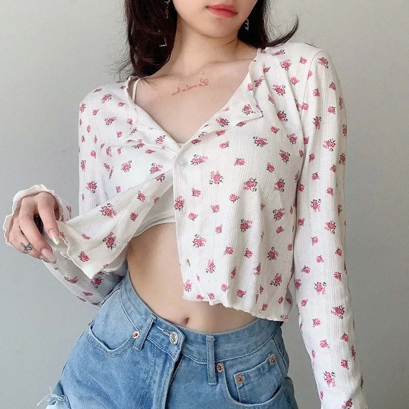 2023 Summer Women New Sweet Floral Print Long-sleeved Cardigan Tops with Fungus Loose and Thin Single-breasted Female T-shirt