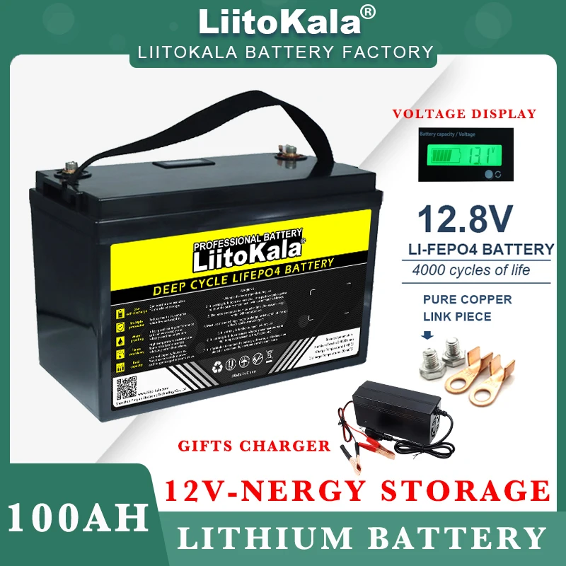 LiitoKala 12.8V 100AH LiFePO4 Battery 12V Lithium Iron Phosphate Batteries Cycles inverter Car lighter 14.6v Charger duty-free