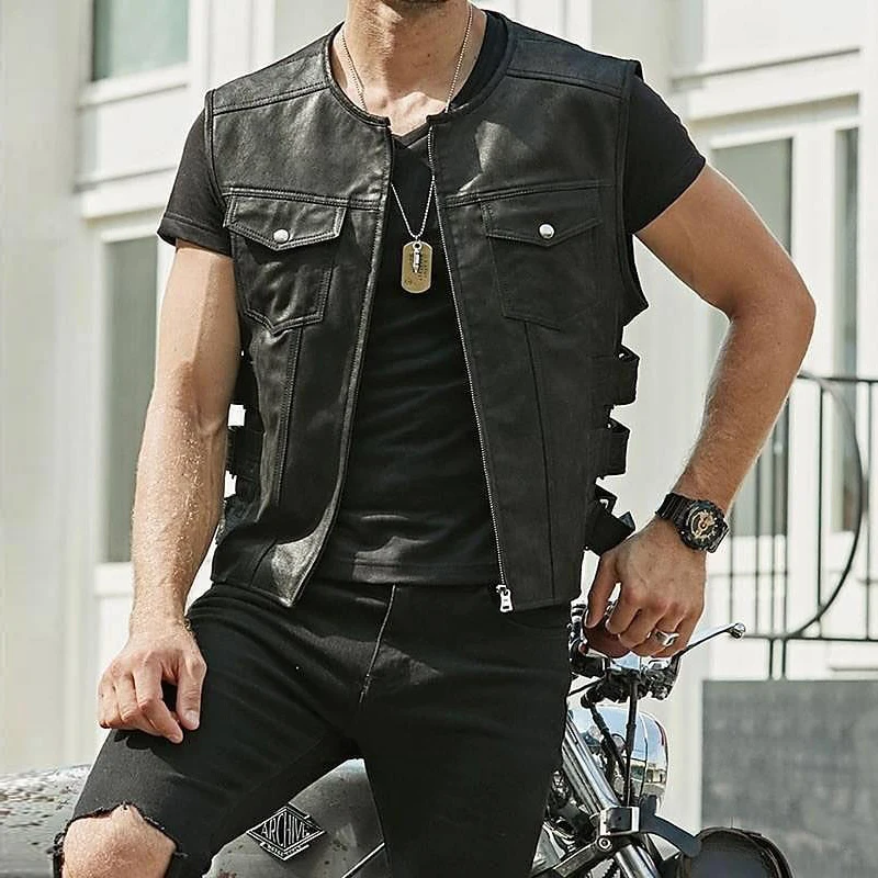 Leather Vest Jacket Men's Motorcycle Style Zipper Slim Sleeveless PU Coats Streetwear Men Clothing Fashion Cycling Short Jackets