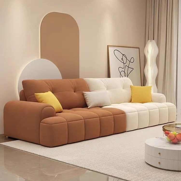 

Cream wind puff fabric sofa straight row small apartment living room cat paw simple modern milk fleece Internet celebrity sofa