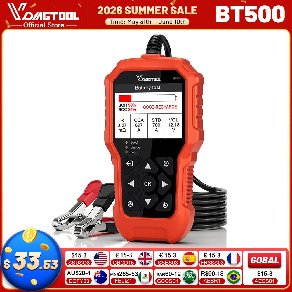 VDIAGTOOL BT500 9-24V Car Battery Tester 5-3000 CCA Automotive Alternator Tester Auto Battery Analyzer Charging Cranking Tester