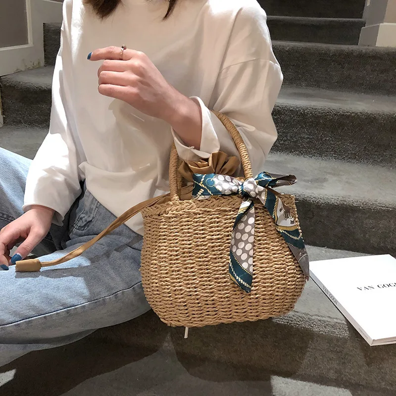 Women's Handbag Summer Hot Straw Bag Pastoral Bucket Bags Seaside Tote Bag Hand-woven Beach Bag Handbag Shopping Casual Bag