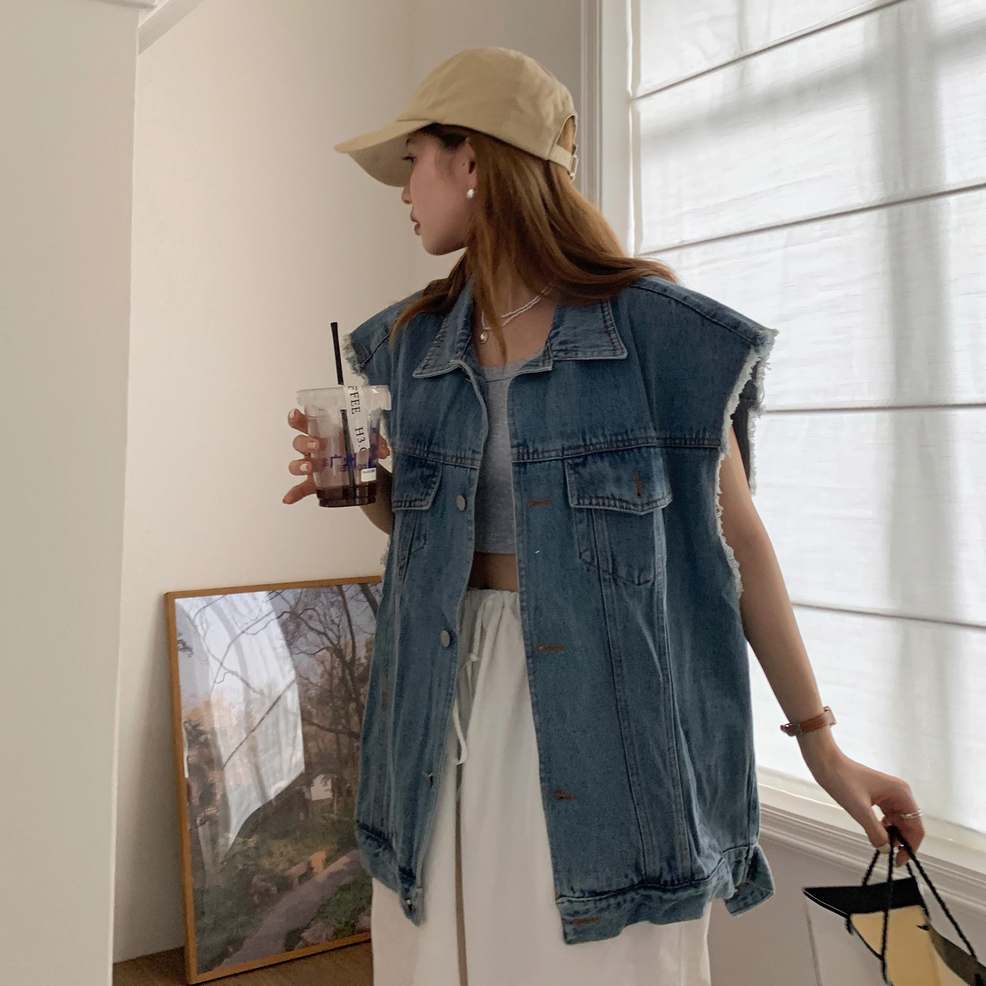 

SuperAen модный потертый повседневный джинсовый жилет, осенний новый уличный карманный дизайн, однобортный воротник-поло, свободные куртки