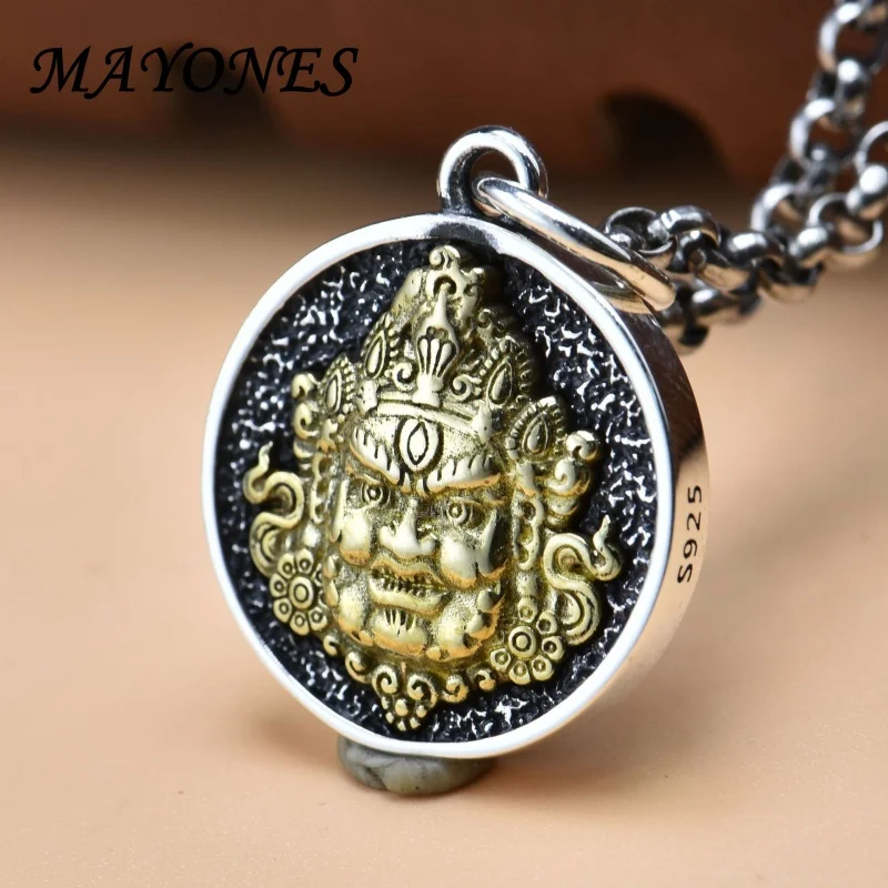 

MAYONES S925 Thai Silver Vintage Zakiram Round Double sided God of Wealth Pendant for Men's Personalized Diamond Pestle Amulet