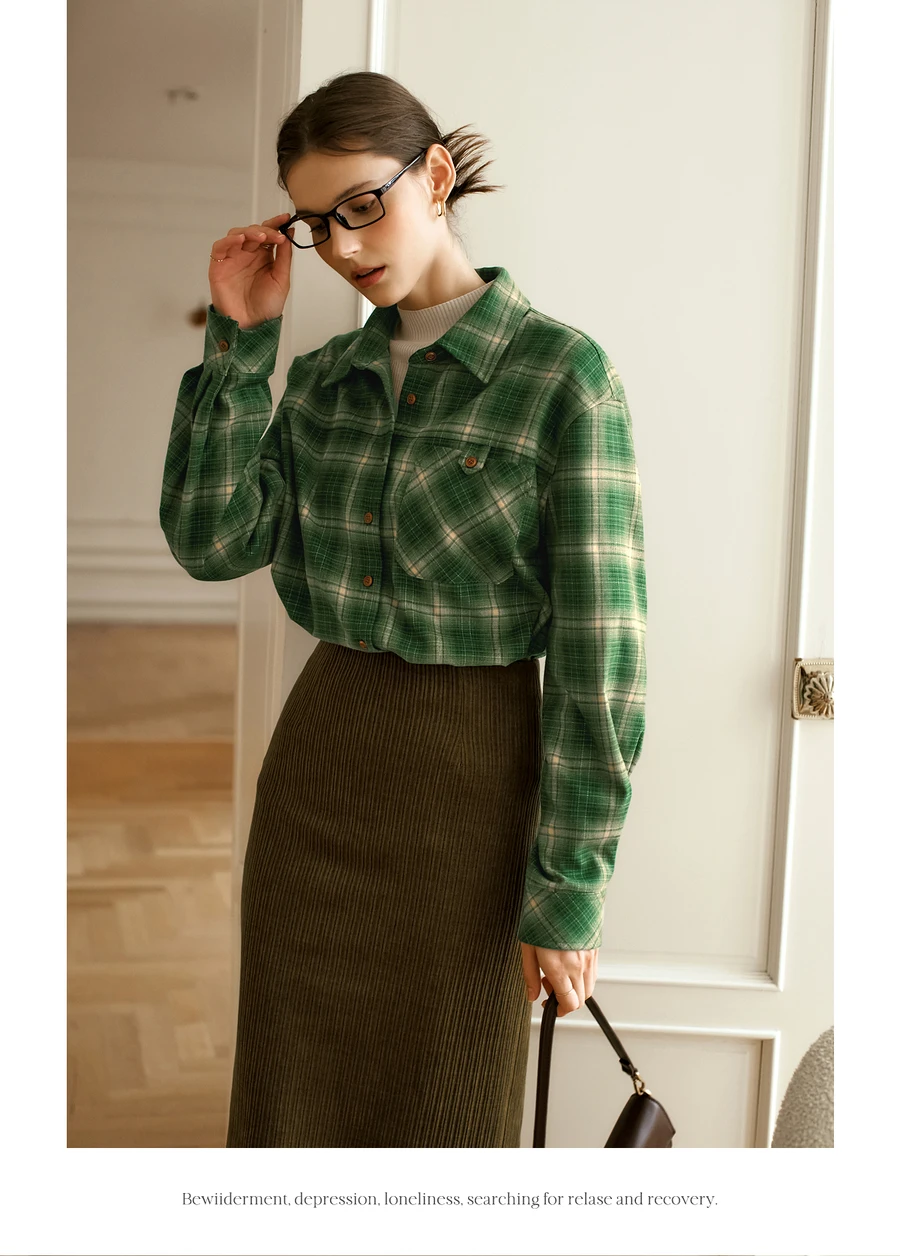 OLrain Green Plaid Women Shirts Spring 2025 Casual Loose Fit Commute Turn Down Collar Long Sleeve Spliced Button Tops O56DC95310