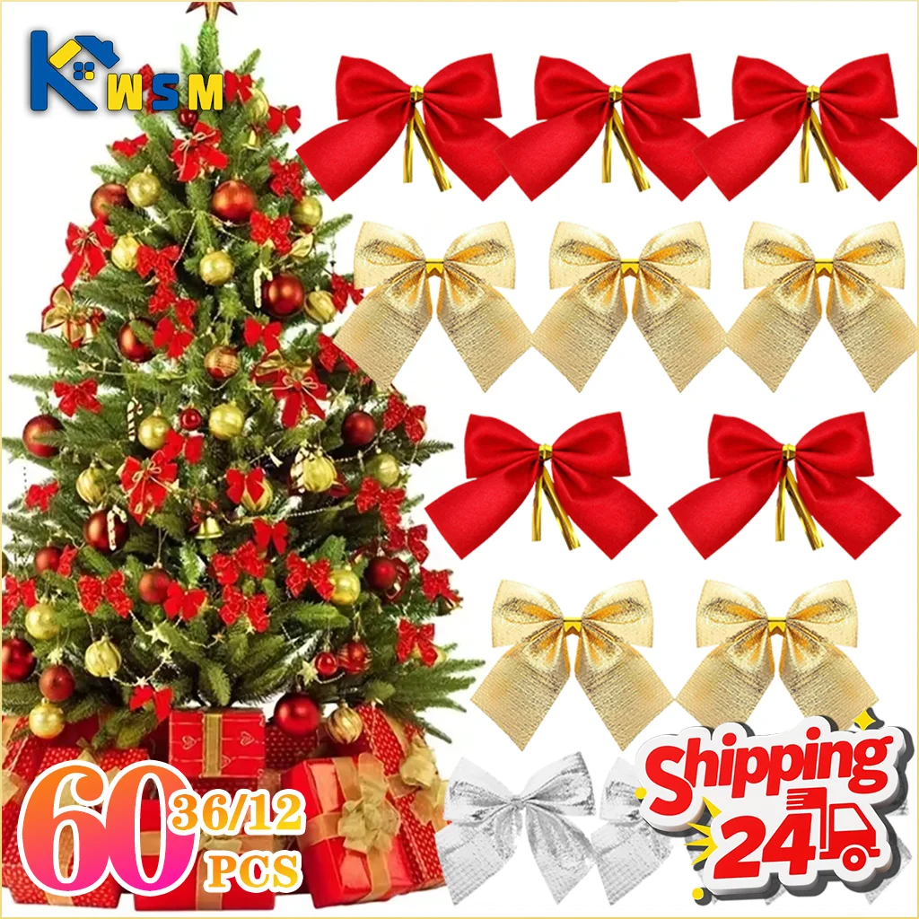 12–60 Stück Mini-Weihnachtsbaum-Band-Schleifen, Ornamente, dekorative Schleifen für Kranzdekoration und Urlaubs-Geschenkverpackungszubehör