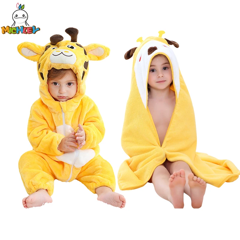 MICHLEY 2PCS Halloween Giraffe Baby Winter Rompers Bath Towel Hooded Clothes Warm Soft Cute Bodysuits Bathrobe Bebe 2-36 Months