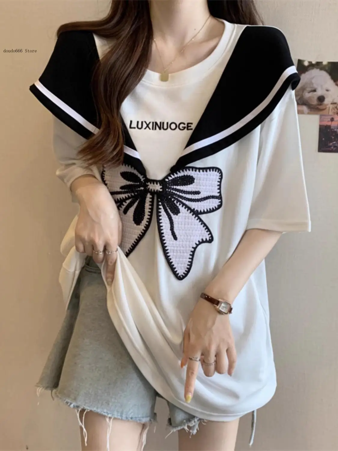 Korean Version Bow Short Sleeved T-Shirt for Women In Summer Loose Fit Belly Covering Age Reducing Short Sleeved Shirt