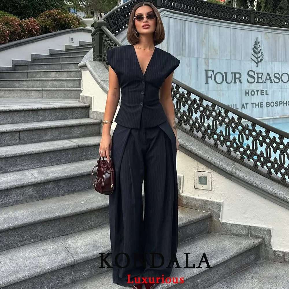 KONDALA خمر مخطط طباعة النساء الدعاوى الخامس الرقبة أزرار ضئيلة سترة عالية الخصر بنطال ذو قصة أرجل واسعة موضة 2025 الخريف مكتب الدعاوى