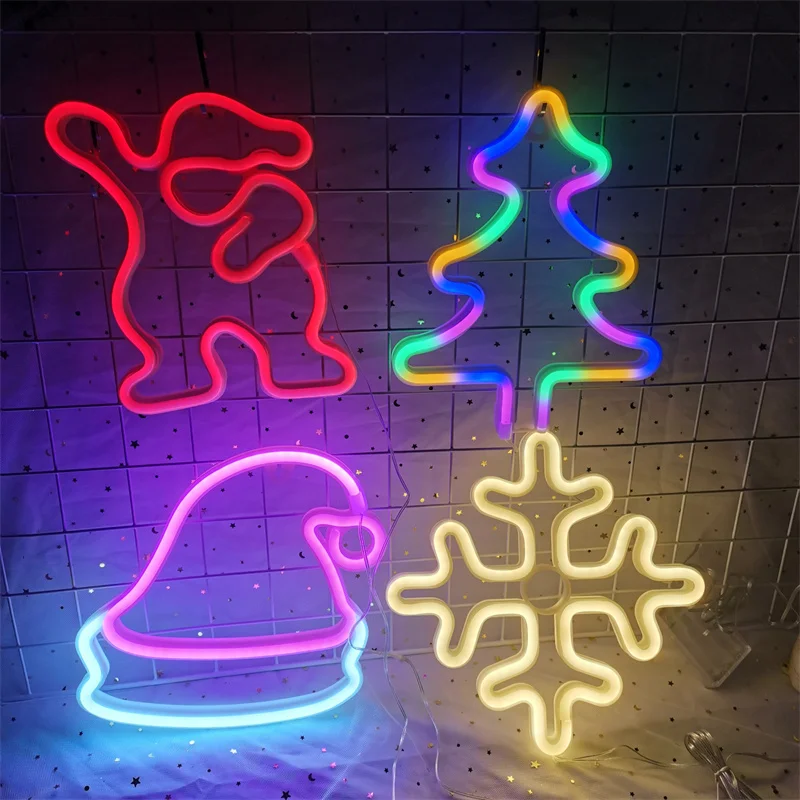 Christmas Neon Night Light Hanging Tree Decoration Lights Bells Elk Snowflake Sign Light Gift for Children USB Battery powered