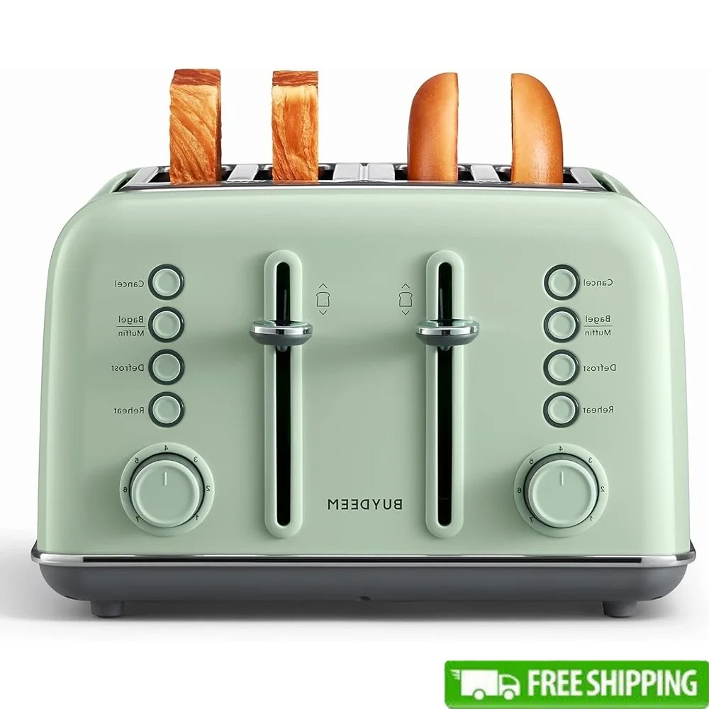 Очень широкий тостер на 4 ломтиках в стиле ретро из нержавеющей стали с высокой подъемом для базеля и функцией кексов с 7 настройками теста и лотком для крошек