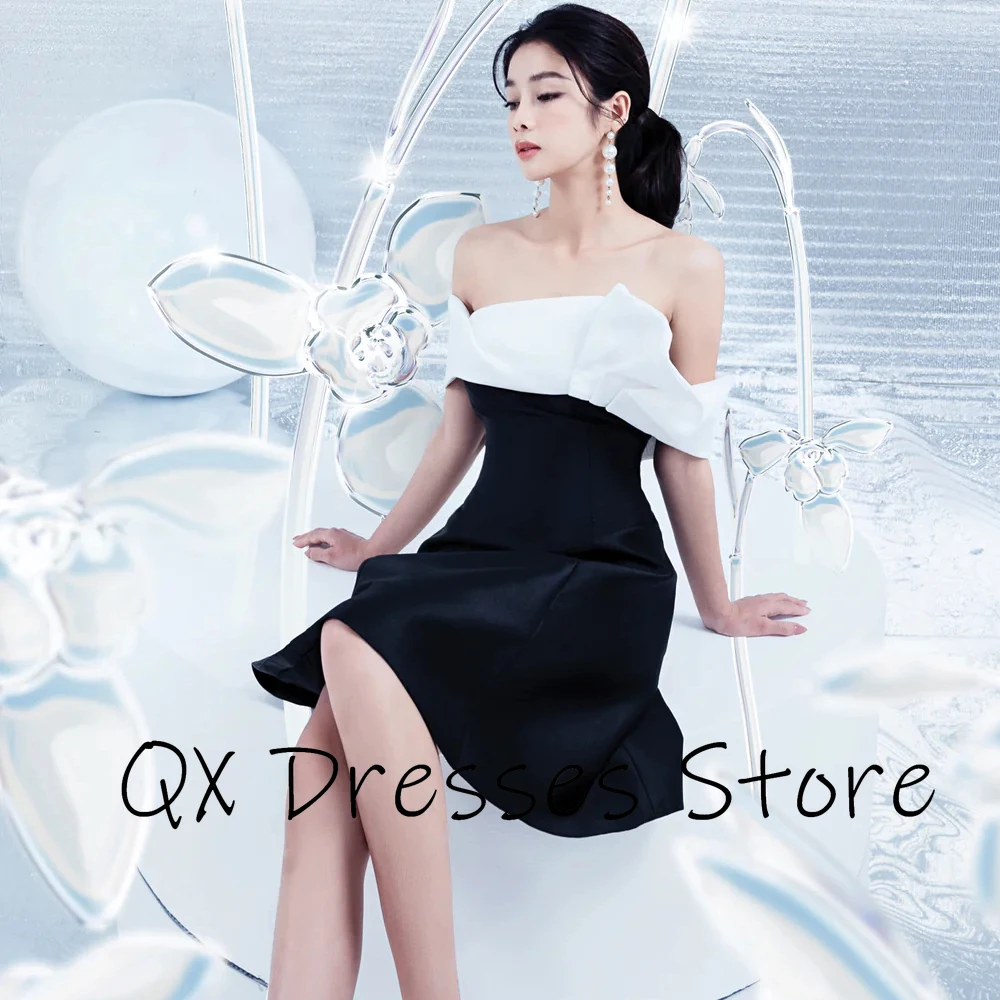 맞춤형 오프 숄더 대비 색상 이브닝 드레스 민소매 A 라인 새틴 파티 드레스 등이 없는 발목 길이 댄스 파티 드레스