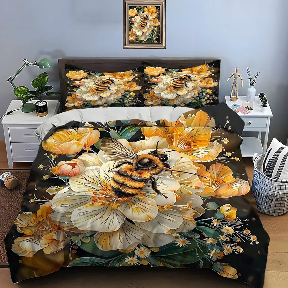 Bee with Yellow Flowers Illustration Print Soft Comfortable Duvet Cover Bedding Set Included 1*Duvet Cover  2*Pillowcases
