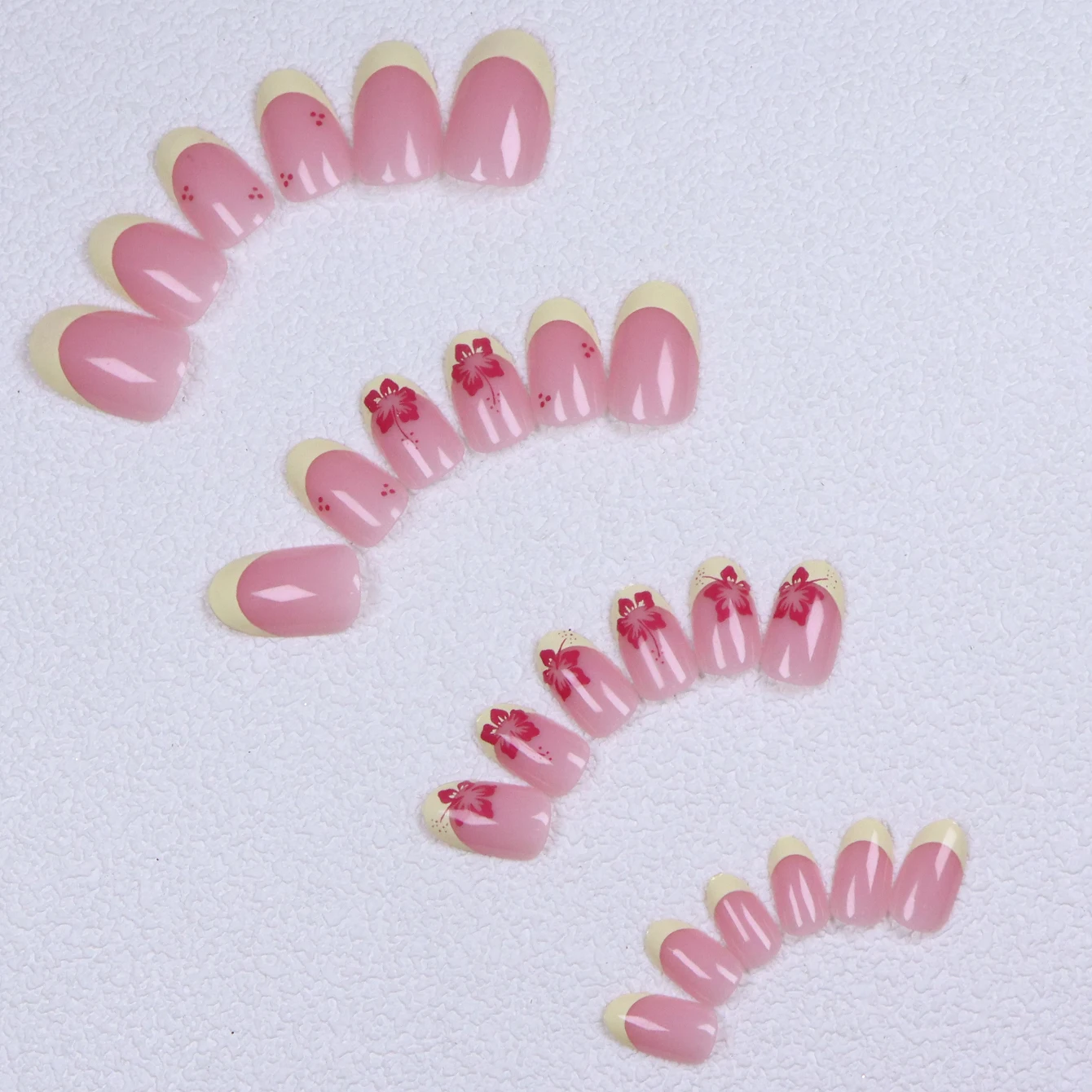 96 قطعة من أظافر اللوز الفرنسي المزيفة بتصميم الزهور، تغطية كاملة من الأكريليك، أظافر صيفية مطبوعة بالزهور، أظافر أكريليك