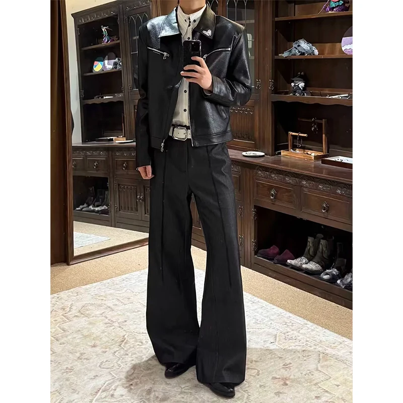 2026 Black Jazz Deconstructed Wide Leg Bell Bottom Men's West Pants Straight Casual Long Trousers High Waist Classic Style Polye