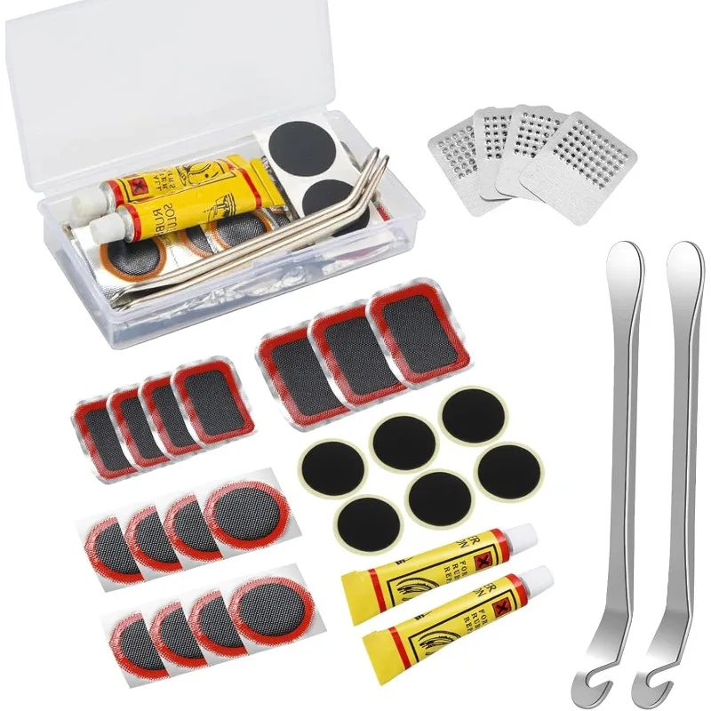 Fahrradreifen-Reparatur-Set – 8 Flicken, 3 Metallraspeln, Reifenheber, Kleber für einfaches tragbares Fixes, unverzichtbares Werkzeug für Radfahrer, Reifenpflaster