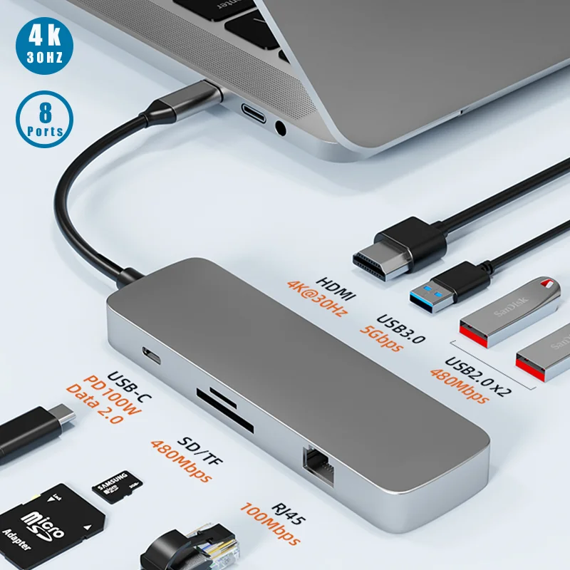 

Type C HUB Usb C 8in 1 with 4K HDMI-Compatible 100W PD C Port Docking Station for MacBook Pro Air Laptop Mobile IPhone 16/17