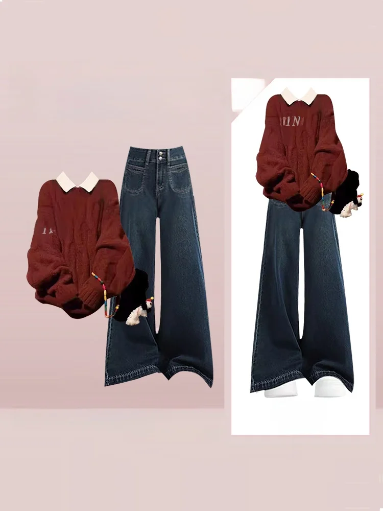 

Комплект в стиле ретро: свитер и свободные джинсы. Новогодний образ с красным акцентом. Свободная рубашка. Осенне-зимний джинсовый наряд.