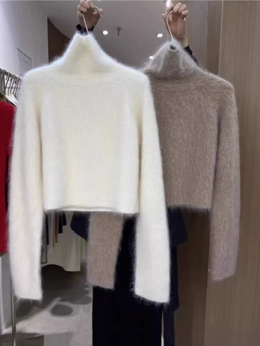 

White High Collar Bear Velvet Sweater Women's Short Style Knitted Top Autumn Winter Fashion Korean Version Slim Fit Cashmere