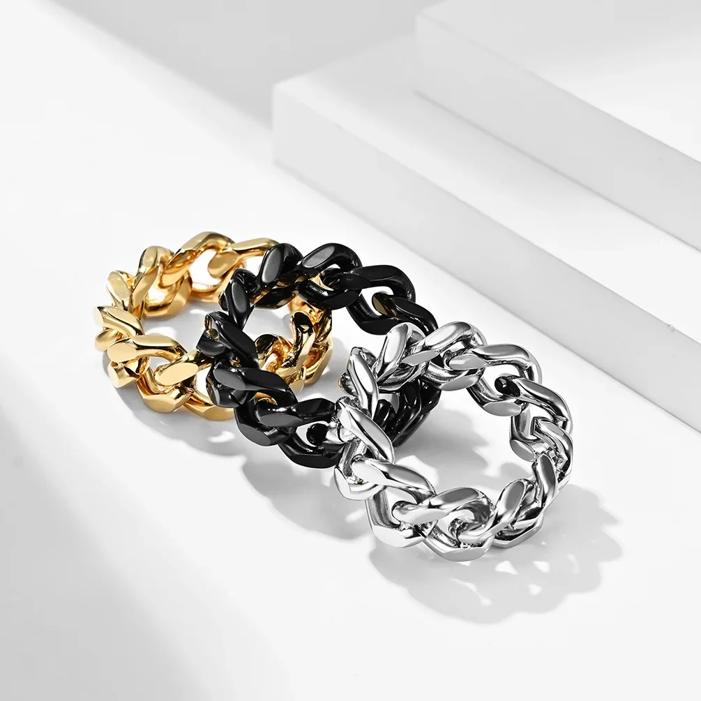 Men Rings Chain Link Design Stainless Steel Black Gold Silver Color Fashion Jewelry wholesale Large US size 6 7 8 9 10 11 12 13