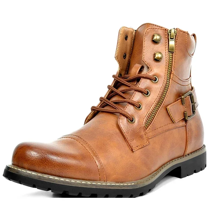 Botas de couro com zíper duplo masculino, bota de motocicleta casual, metal, sapatos masculinos