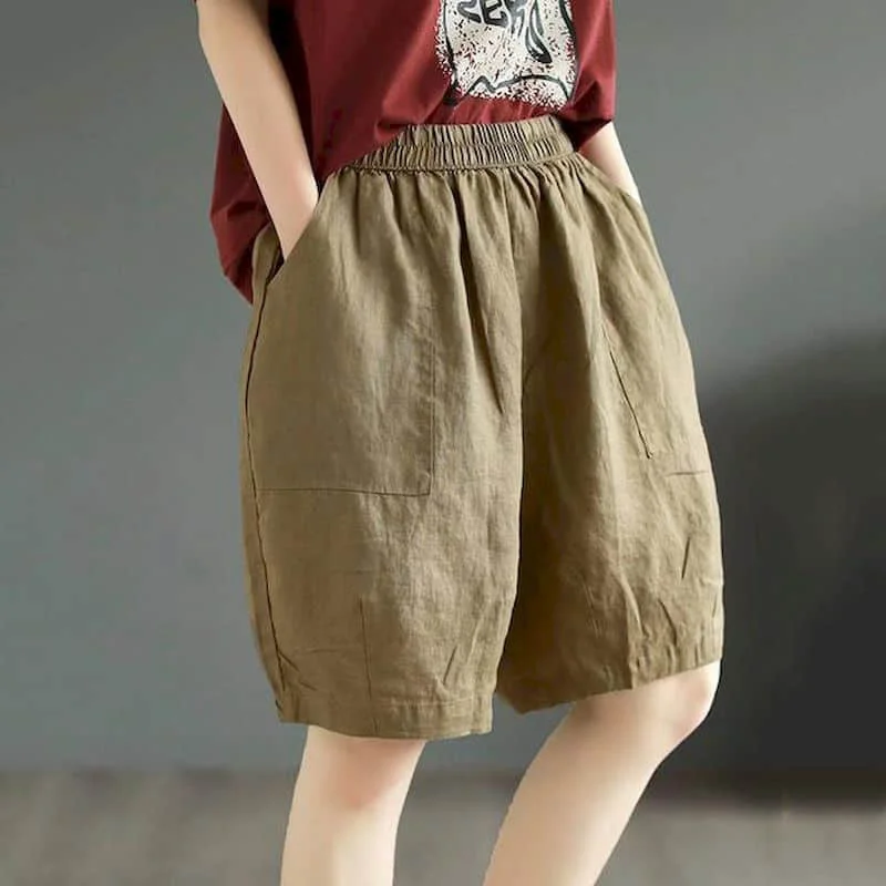 Solid Shorts Cotton Linen Summer Sale Elastic Waisted Casual Five-point Trousers Retro Korean Style Lantern Pants Women Clothing