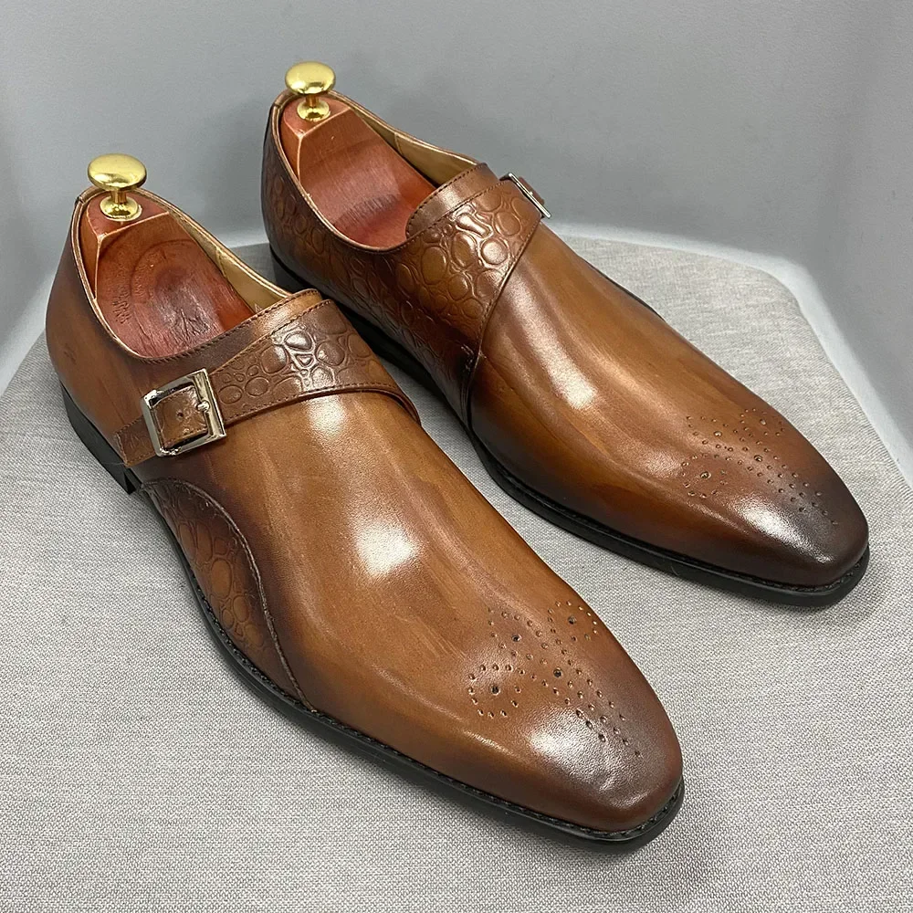 Luxo genuíno couro de bezerro monge cinta vestido de casamento sapatos para homens jacaré impressão artesanal negócios escritório sapatos formais