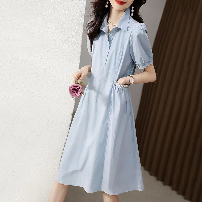 Stylish Korean Solid Color A-Line Midi Dress Women\'s Clothing Casual Turn-down Collar Button 2023 Summer Pockets Spliced Dresses