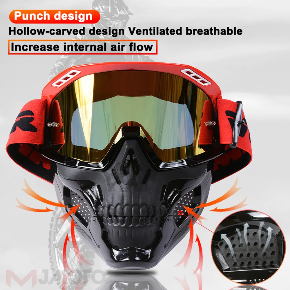 Skull Motorcycle Face Mask Goggles One-Piece Windproof UV Protection Impact Resistant Riding Mask for Halloween Party Costume