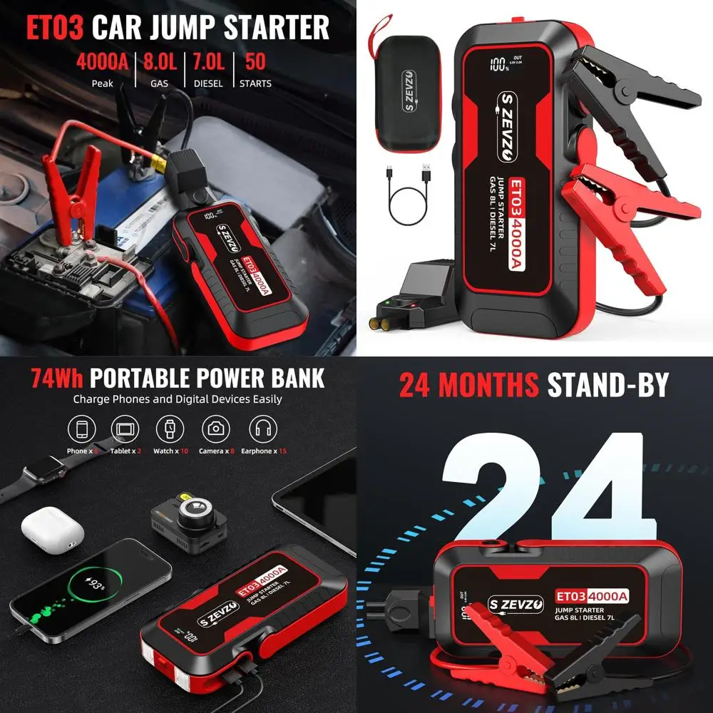 

ET03 Автомобильный пусковой стартер 4000А Аккумулятор для газовых и дизельных двигателей емкостью 8,0 л и 7,0 л, портативный пусковой ящик емкостью 12 В с 74 Втч