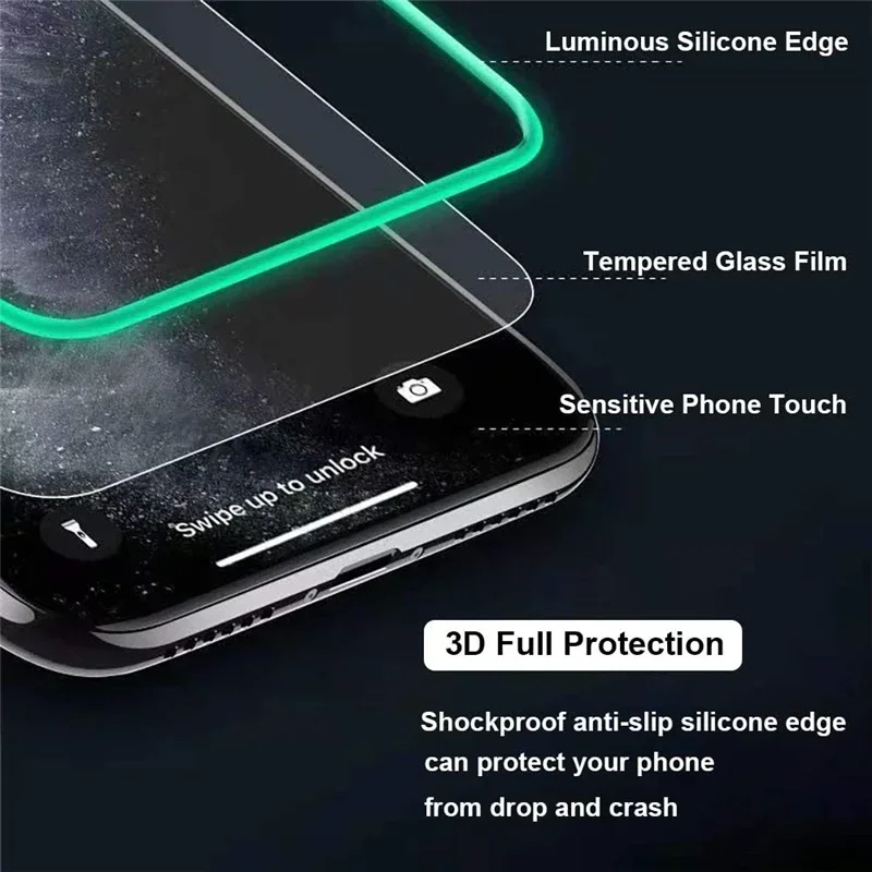 3 PIEZAS Protector de pantalla luminoso de luz nocturna para teléfono usado para iPhone 12 11 13 14 15 16 17 Pro Max Plus Mini Case Película de cristal templado 3