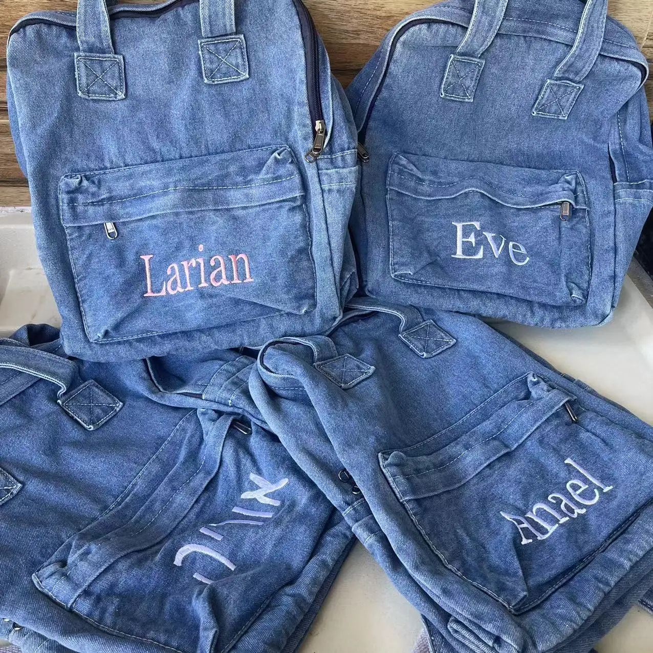 

Embroidery New Fashion Women's Denim Backpack Personalized Name Ladies Travelling Totes Custom Outdoor Denim Shopping Tote Bag