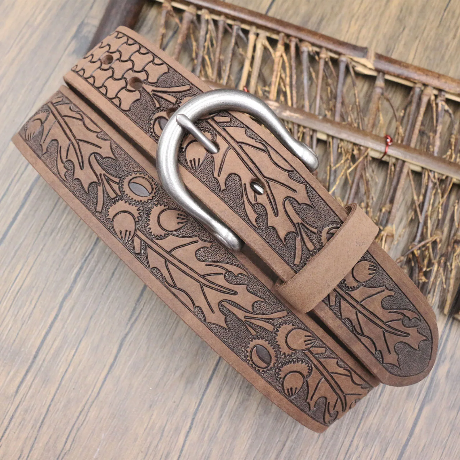 Men's Full Grain Cowhide Leather Belt, Western Oak Leaf Acorn Embossed Tooled Leather Belt, Vintage Horseshoe Metal Pin Buckle