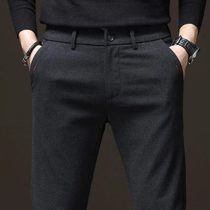 Spring Autumn Men\'s Casual Pants Business Fashion Elastic Waist Slim Fit Stretch Thick Gray Black Cotton Trousers Male